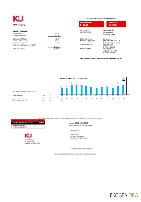 Modèle de facture de services publics d'électricité du Kentucky aux États Unis au format Word et PDF